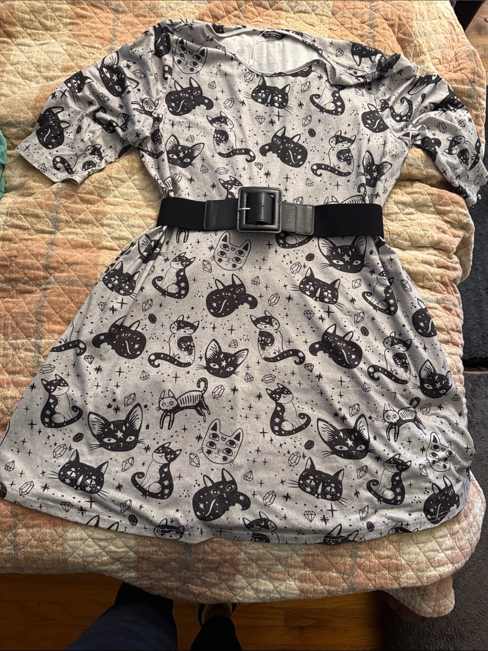 Bloomchic Grey Cat Print Dress with Black Belt